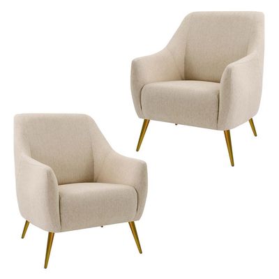 Kit 2 Poltronas Decorativas Para Sala Paloma Pés Palito New Bronze D02 Linho Bege C-129 - Lyam Decor