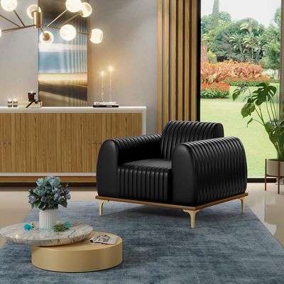 Poltrona Decorativa Base De Madeira Pés Metalizado D'Ouro Molino D02 Corano Preto B-159 - Lyam Decor
