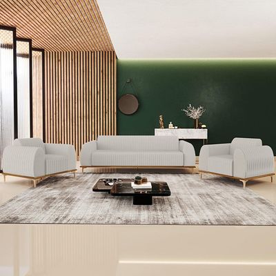 Kit Sofá 3 Lugares 210cm Com 2 Poltronas Molino Pés D'ouro D02 Linho Cru C-443 - Lyam Decor