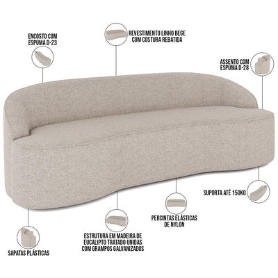Sofá 3 Lugares Curvo Sala de Estar Living Lótus D02 Linho Bege 180 cm D-463 - Lyam Decor