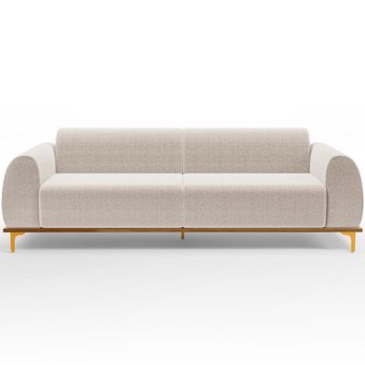 Sofá 3 Lugares Para Sala de Estar Kiev 180cm D02 Base Castanho Pés D'ouro Bouclê Creme B-54 - Lyam Decor
