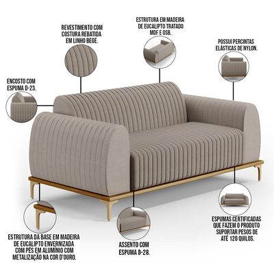 Sofá 2 Lugares Para Sala de Estar Molino 150 cm D02 Pés D'Ouro Linho Bege C-107 - Lyam Decor