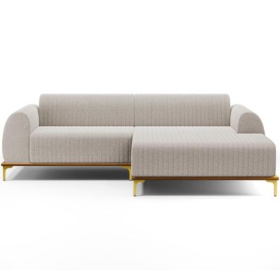 Sofá 4 Lugares com Chaise Direito Para Sala de Estar Molino 255cm D02 Base Castanho Pés D'ouro Bouclê Creme B-54 - Lyam Decor
