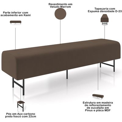 Puff Recamier Decorativo com Pés Industrial 140cm Novara P05 Veludo Marrom - Lyam Decor
