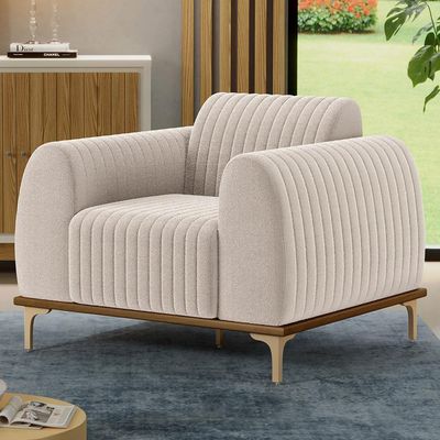 Poltrona Decorativa Base De Madeira Castanho e Pés Metalizado D'Ouro Molino D02 Bouclê Creme B-54 - Lyam Decor