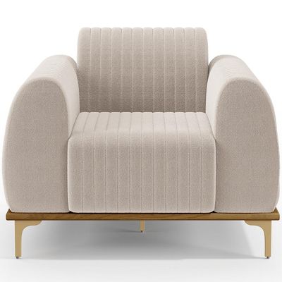 Poltrona Decorativa Base De Madeira Castanho e Pés Metalizado D'Ouro Molino D02 Bouclê Creme B-54 - Lyam Decor