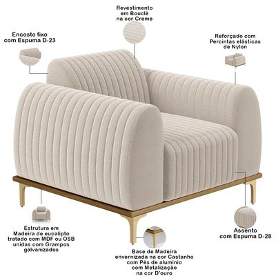 Poltrona Decorativa Base De Madeira Castanho e Pés Metalizado D'Ouro Molino D02 Bouclê Creme B-54 - Lyam Decor