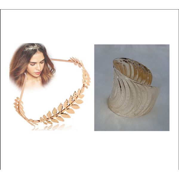 KIT Coroa Tiara Deusa Grega Com Folhas Douradas e Bracelete Pulseira Feminino Fantasia Deusa Grega