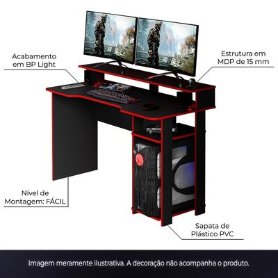 Mesa para Escritório Home Office Gamer ME4153 MDP Preto/Vermelho - Gran Belo