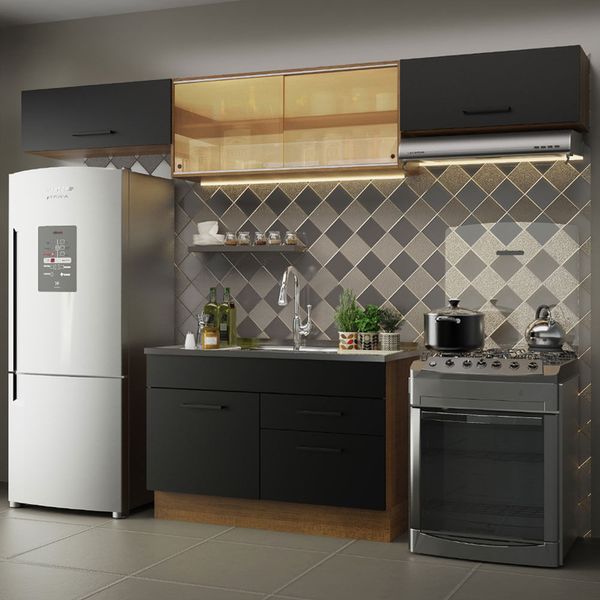 Cozinha Compacta Madesa Agata 280001 com Armário e Balcão Rustic/Preto Cor:Rustic/Preto