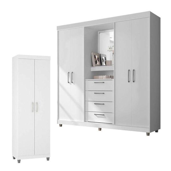 Guarda Roupa Casal 2218 E Armário Multiuso 6020 Branco Brilho Com Pés - Araplac