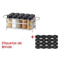 Porta Tempero Condimento 15 Potes Vidro Tampa Dosadora Suporte Cromado Organização Cozinha