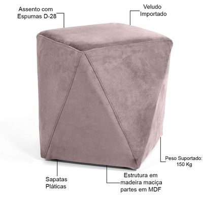 Puff Decorativo Para Sala de Estar Ametista D02 Veludo Rosê C-305 - Lyam Decor