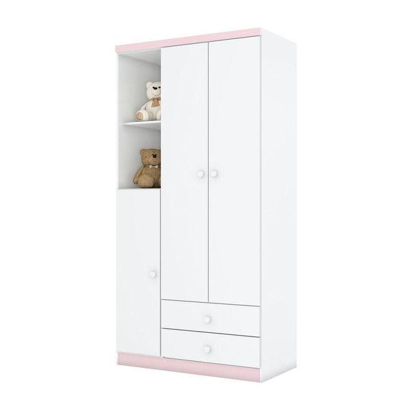 Guarda Roupa Infantil 03 Portas 02 Gavetas Henn Branco Ou Branco Com Rosa Chá