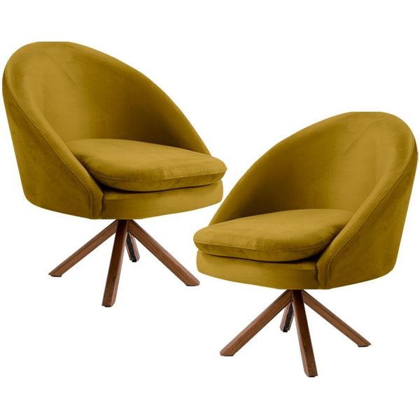 Kit 02 Poltronas Decorativa Base Giratória de Madeira Rafa D02 Veludo Mostarda C-279 - Lyam Decor
