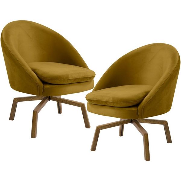 Kit 02 Poltronas Decorativa Giratória Base Ka Rafa D02 Veludo Mostarda C-279 - Lyam Decor