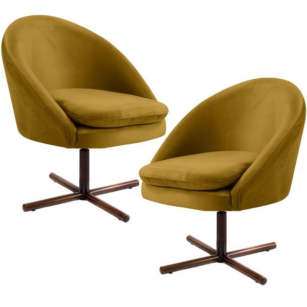 Kit 02 Poltronas Decorativas Giratória Base X Rafa D02 Veludo Mostarda C-279 - Lyam Decor