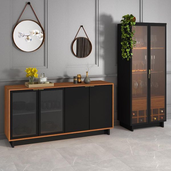 Conjunto Decorativo Cristaleira com Led e Buffet Aparador 160cm Tenerife/Gunga Preto Fosco/Noce G73 - Gran Belo