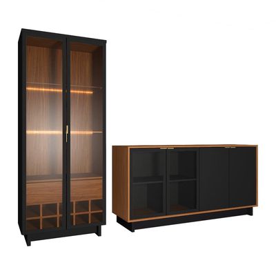 Conjunto Decorativo Cristaleira com Led e Buffet Aparador 160cm Tenerife/Gunga Preto Fosco/Noce G73 - Gran Belo