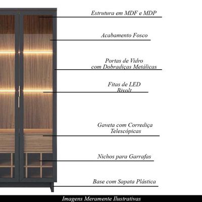 Conjunto Decorativo Cristaleira com Led e Buffet Aparador 160cm Tenerife/Gunga Preto Fosco/Noce G73 - Gran Belo