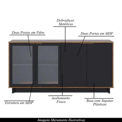 Conjunto Decorativo Cristaleira com Led e Buffet Aparador 160cm Tenerife/Gunga Preto Fosco/Noce G73 - Gran Belo