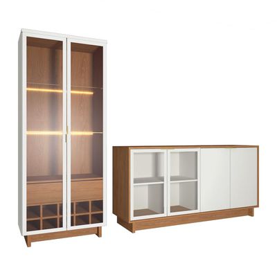 Conjunto Decorativo Cristaleira com Led e Buffet Aparador 160cm Tenerife/Gunga Off White/Freijó G73 - Gran Belo