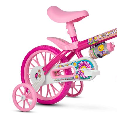 Bicicleta Infantil Aro 12 Com Rodinhas De Treinamento Nathor Bike Com Garrafinha Criança Menina Flower Rosa