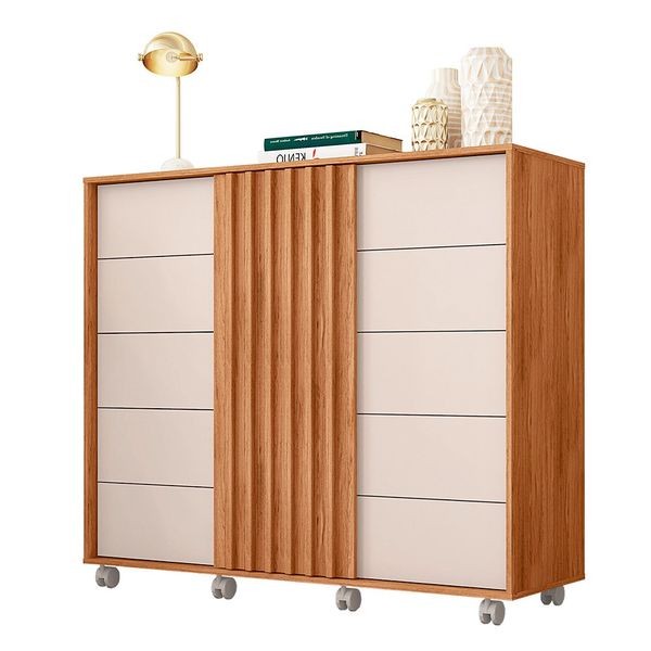Cômoda Espaçosa Pegasus 2 Portas 5 Gavetas 3 Prateleiras Caemmun Freijo/off white