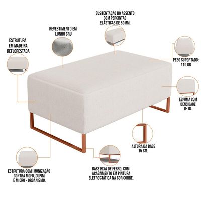 Puff Decorativo Sala De Estar Cléo 90cm Base De Ferro Cobre W01 Linho Cru - Lyam Decor