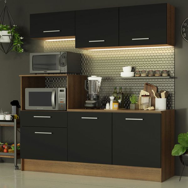 Cozinha Compacta Madesa Onix 180001 com Armário e Balcão Rustic/Preto 7K Cor:Rustic/Preto