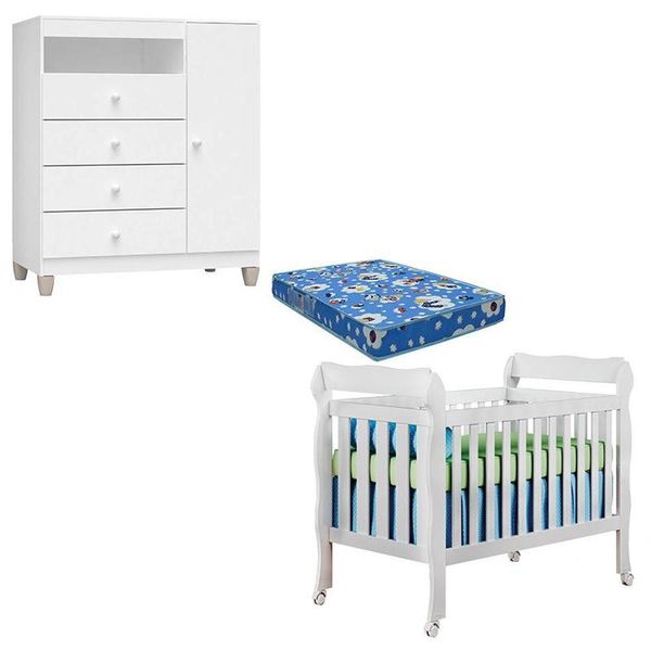 Berço Americano Lila Com Colchão E Cômoda Infantil Ternura Baby Branco Brilho - Incorplac