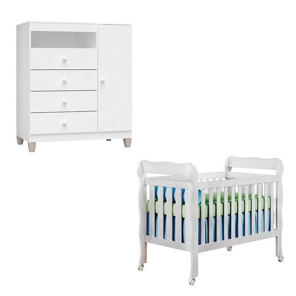 Berço Americano Lila E Cômoda Infantil Ternura Baby Branco Brilho - Incorplac