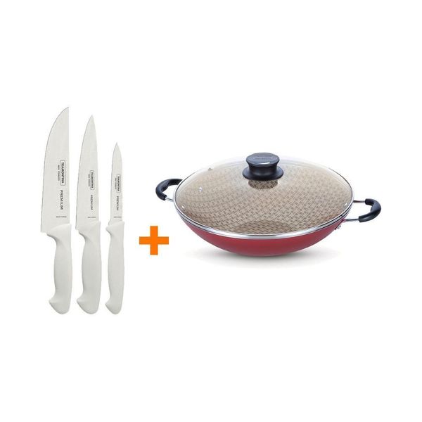 Kit - Faqueiro Premium 3 Peças + 1 Panela Wok 36cm Vermelha - Tramontina