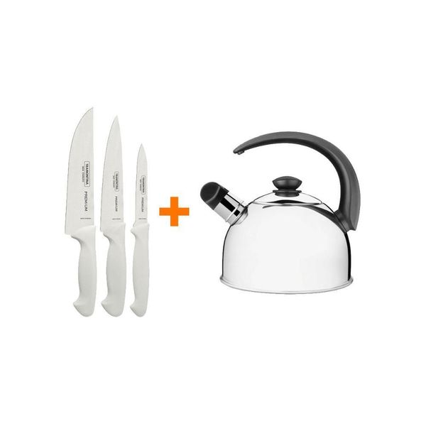 Kit - Faqueiro Premium 3 Peças + 1 Chaleira Em Aço Inox 2,1l Com Apito - Tramontina