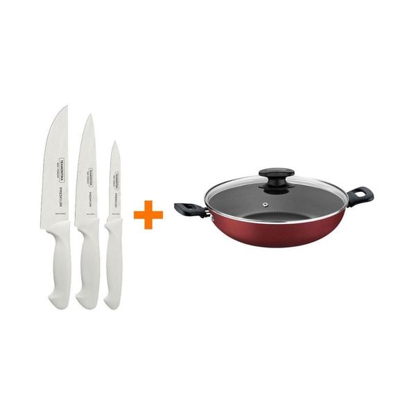 Kit - Faqueiro Premium 3 Peças + 1 Panela Wok 28cm Vermelha - Tramontina