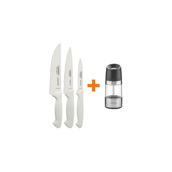 Kit - Faqueiro Premium 3 Peças + 1 Moedor De Sal Ou Pimenta Realce Em Acrílico E Inox - Tramontina