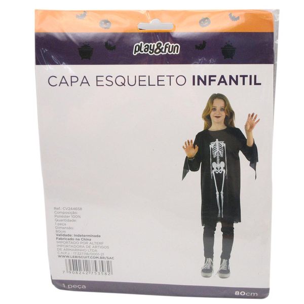 Capa Esqueleto Halloween Infantil Play&Fun 80cm