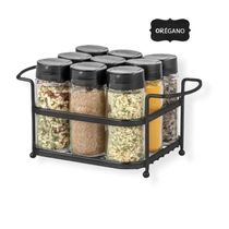 Porta Tempero Condimento 9 Potes Vidro Tampa Dosadora Suporte Preto Organização Cozinha