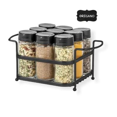 Porta Tempero Condimento 9 Potes Vidro Tampa Dosadora Suporte Preto Organização Cozinha