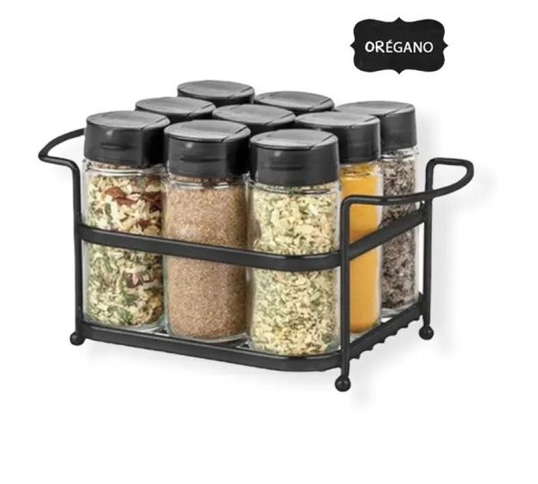 Porta Tempero Condimento 9 Potes Vidro Tampa Dosadora Suporte Preto Organização Cozinha
