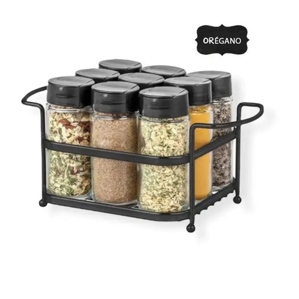 Porta Tempero Condimento 9 Potes Vidro Tampa Dosadora Suporte Preto Organização Cozinha