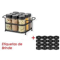 Porta Tempero Condimento 9 Potes Vidro Tampa Dosadora Suporte Preto Organização Cozinha