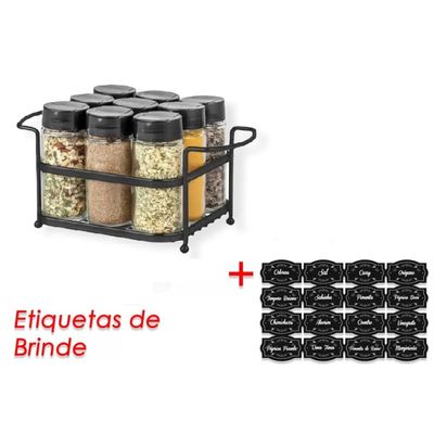 Porta Tempero Condimento 9 Potes Vidro Tampa Dosadora Suporte Preto Organização Cozinha