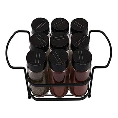 Porta Tempero Condimento 9 Potes Vidro Tampa Dosadora Suporte Preto Organização Cozinha