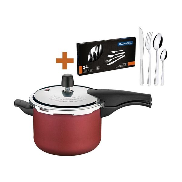 Kit - Panela De Pressão 4,5 Vancouver Vermelha + 1 Faqueiro Inox 24pç - Tramontina