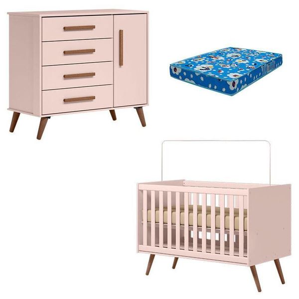 Berço Americano 3820 E Cômoda Infantil 3825 Q Encanto Retrô Rosa Com Colchão Ortobom - Qmovi