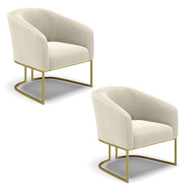 Kit 2 Poltronas Stella Bouclê Base Metálica Industrial Dourado - D'rossi Cor Bege