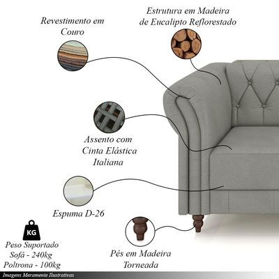 Conjunto Sala de Estar 1 Sofá Living 180cm e 1 Poltrona Stanford Chesterfield Pés Madeira Couro Cinza G58 - Gran Belo