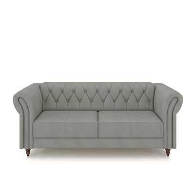 Conjunto Sala de Estar 1 Sofá Living 180cm e 1 Poltrona Stanford Chesterfield Pés Madeira Couro Cinza G58 - Gran Belo