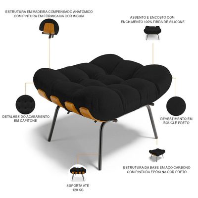 Puff Decorativo Sala de Estar Costela L02 Bouclê Preto - Lyam Decor